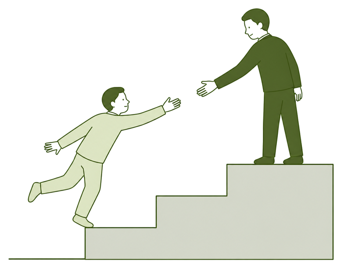 学習の道の途中にある段差で、先に上りきった案内役が手を差し伸べていることを示す図
