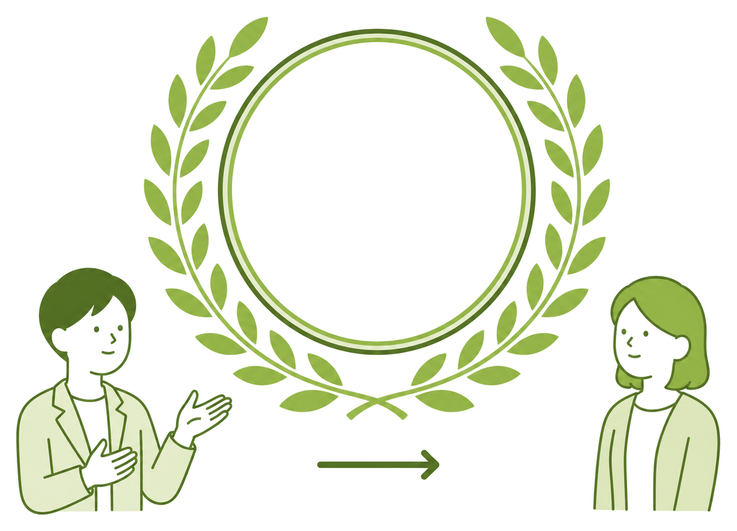 認定メダルと、通訳をしている人物を示す図