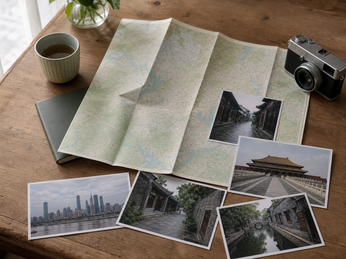 旅行の計画のために地図と写真を広げている様子